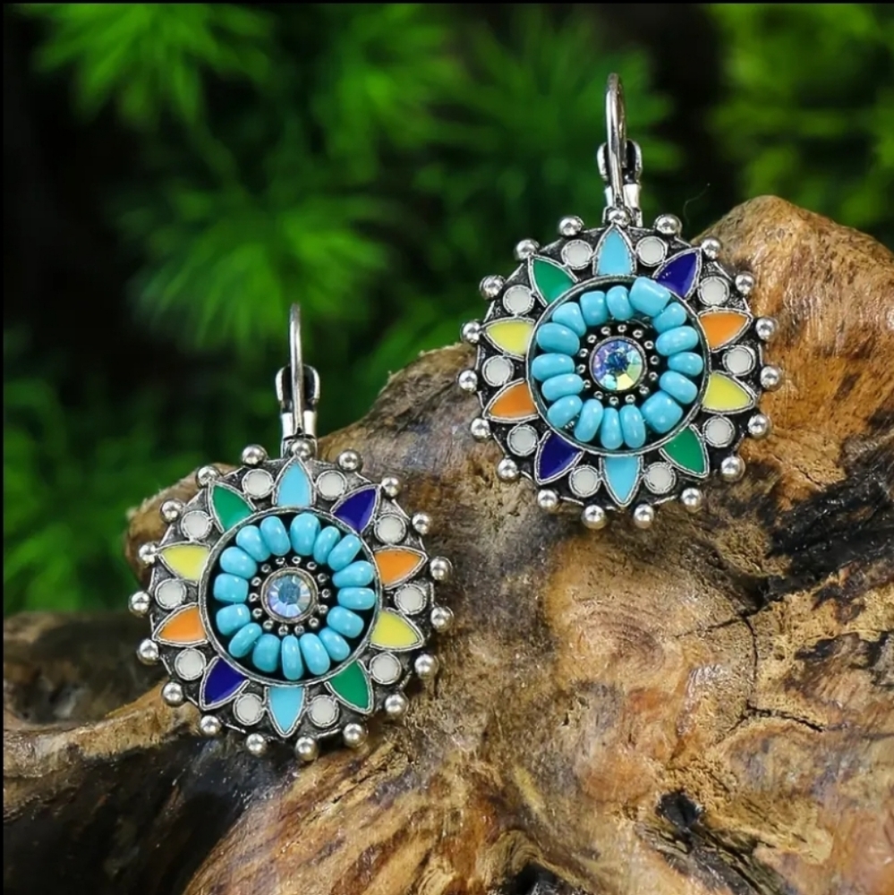 Boho Multicolor Mandala Drop Earrings. NEW!